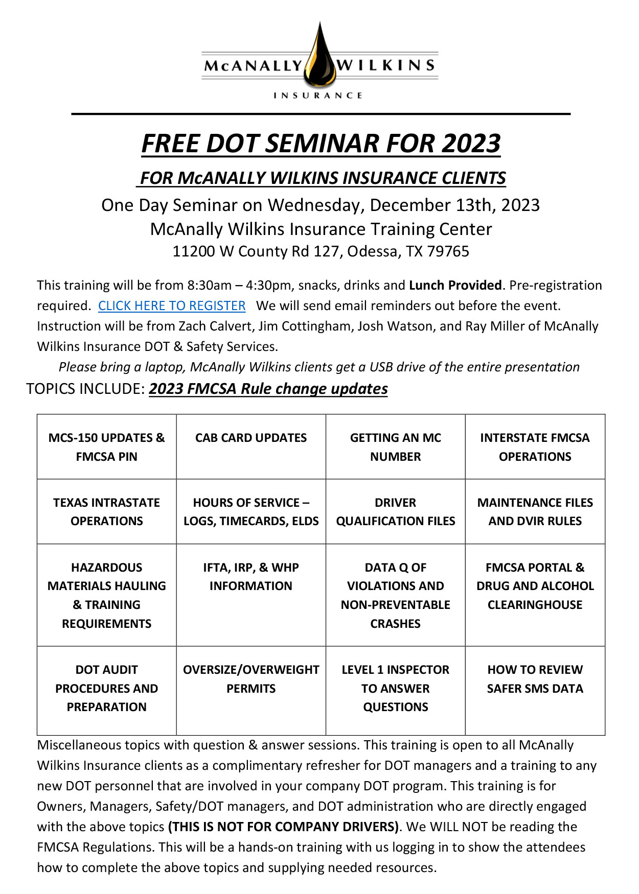 Free DOT Seminar for 2023 McAnally Wilkins